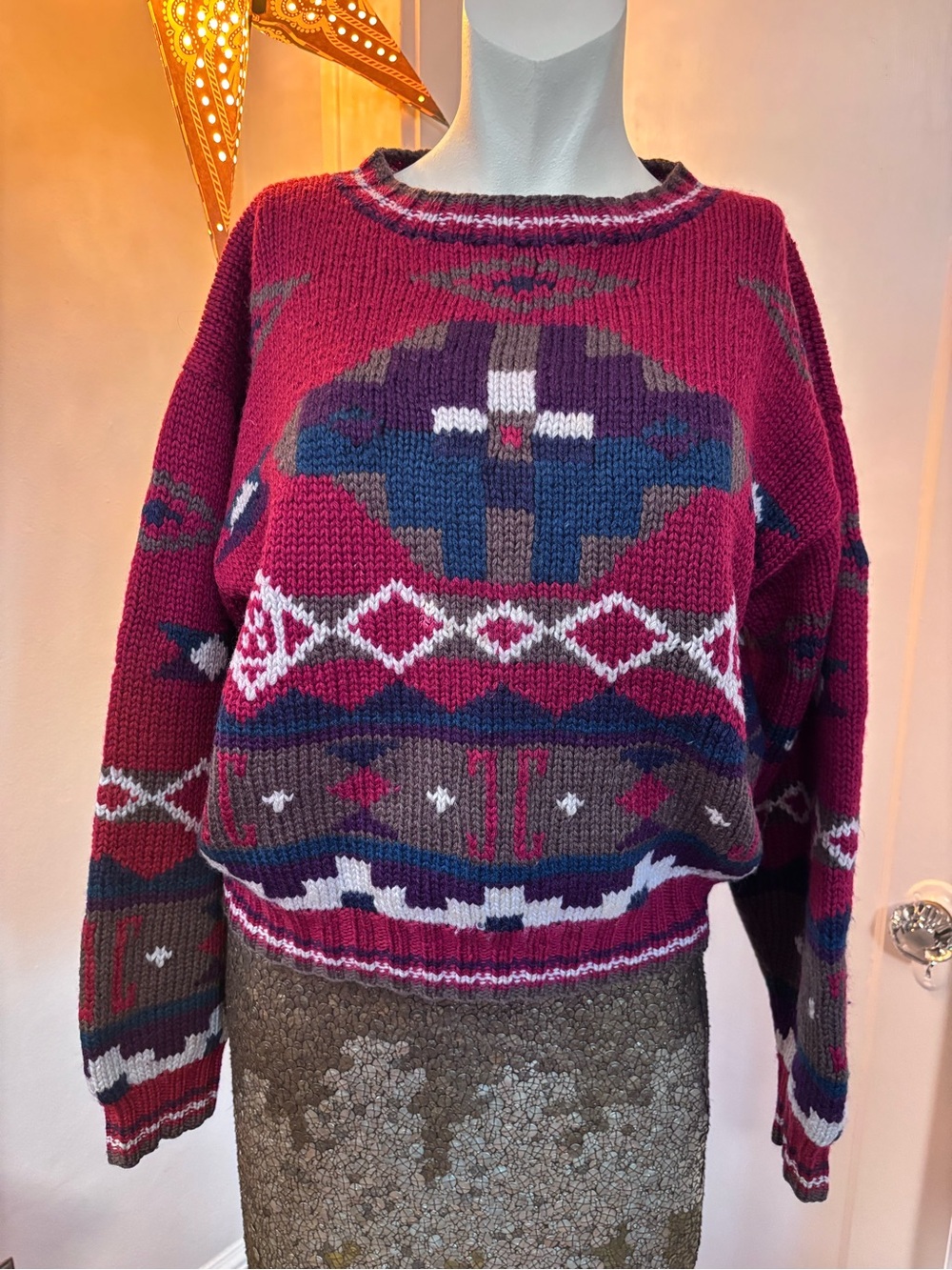 L.L. Bean Burgundy & Navy Geometric Crewneck Sweater